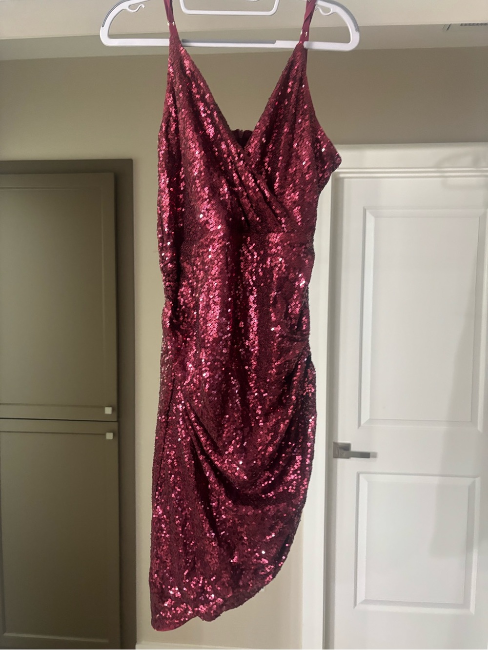 Grace Karin Burgundy Sequin Asymmetrical Spaghetti Strap Dress